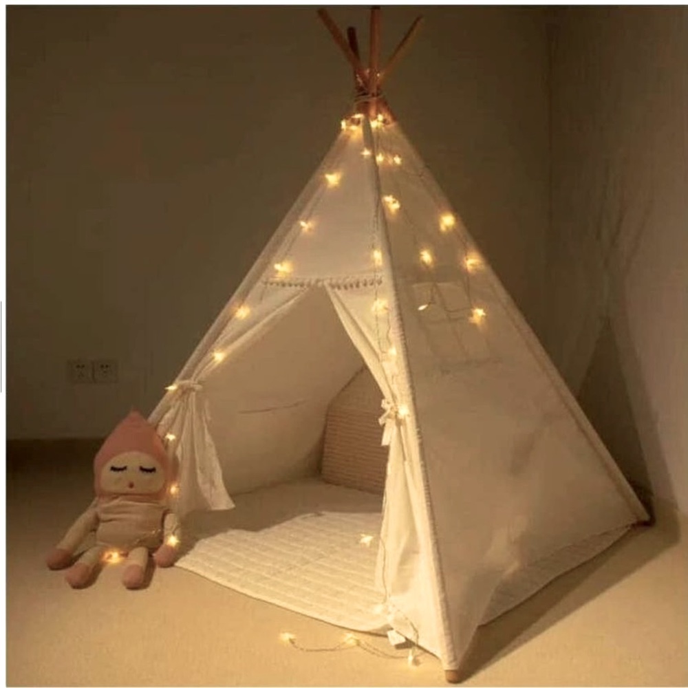 Surpcos Kids Indoor Canvas Teepee Tent w Star String Lights & Padded Floor Mat